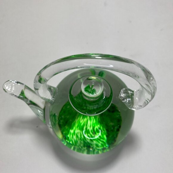 Hand Blown Glass Teapot Paperweight Shamrock Ireland Good Luck - Picture 3 of 4